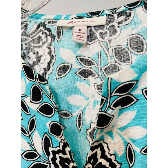 JM Collection Blouse Womens size 12 Blue100% Linen Floral V Neck 3/4 Sleeves - Picture 2 of 5